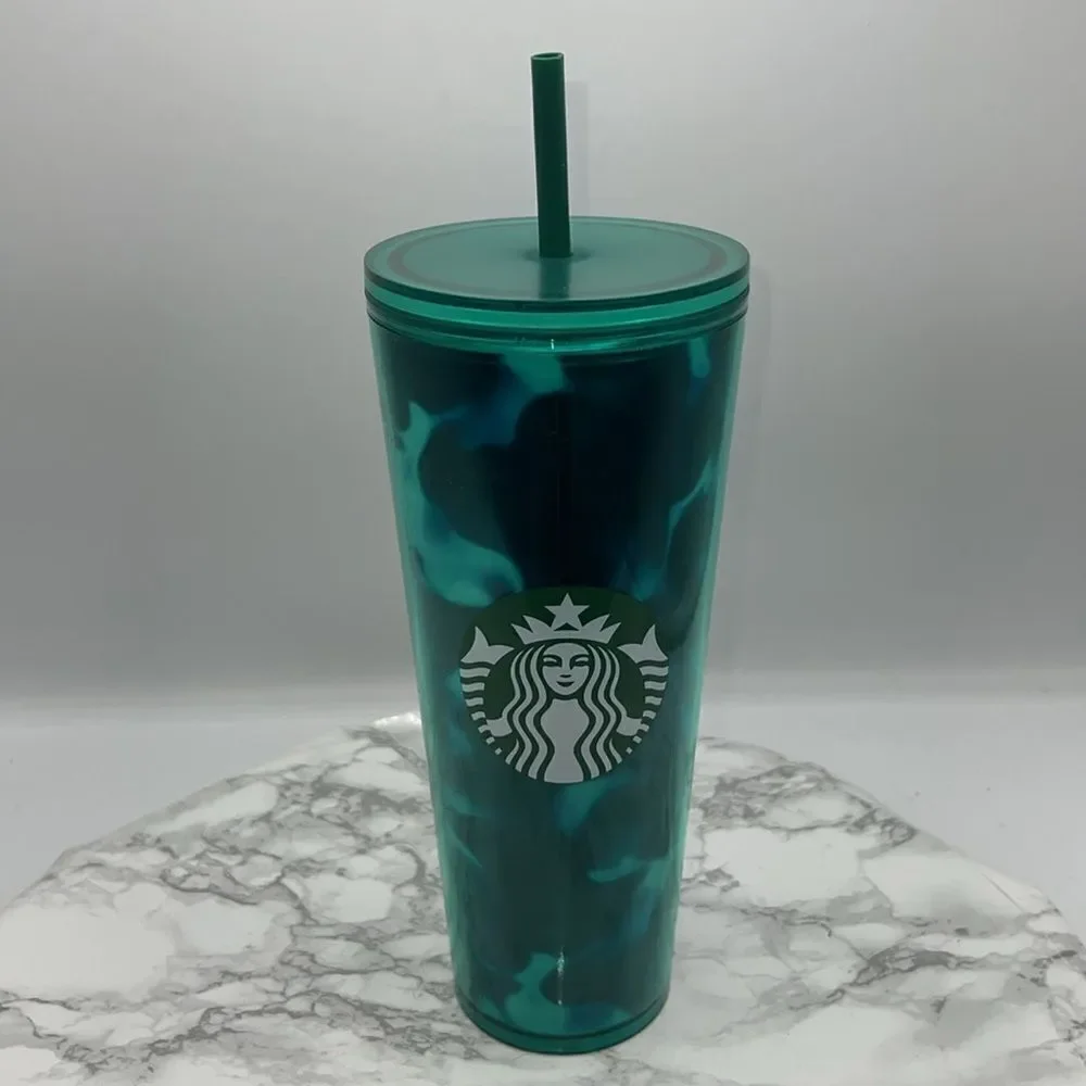 STARBUCKS Turquoise Wave Venti Cold Cup Tumbler with Straw-24 Oz